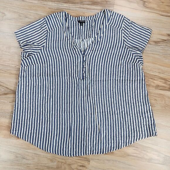 🔺️Torrid Blue, White, Metallic Gold Luxe Striped Buttoned Vneck Blouse 3X - Picture 3 of 14